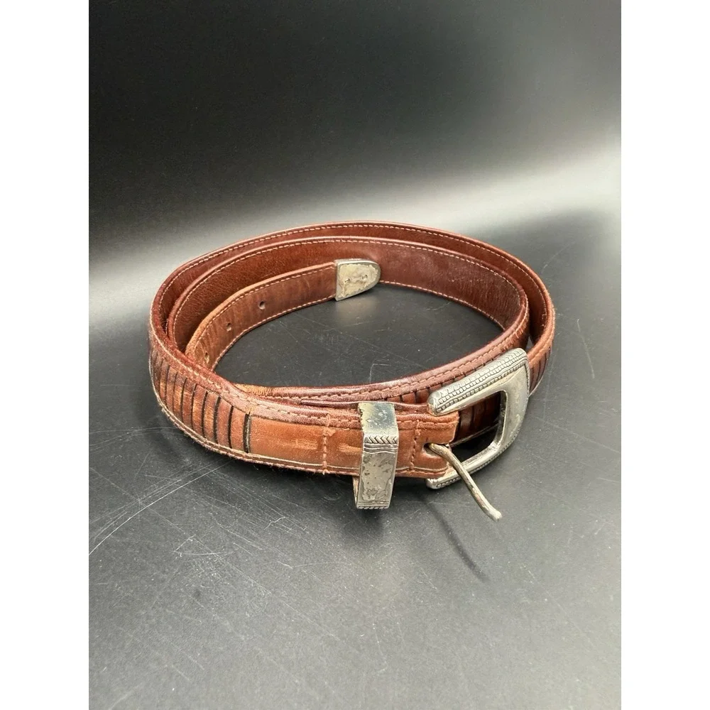 Vintage Ornament Western Brown Leather Belt Sz 42 Engraved Buckle & Keeper